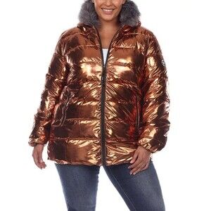 White Mark Women's Plus Size Metallic Puffer Coat Jacket with Hoodie Bronze 1XL